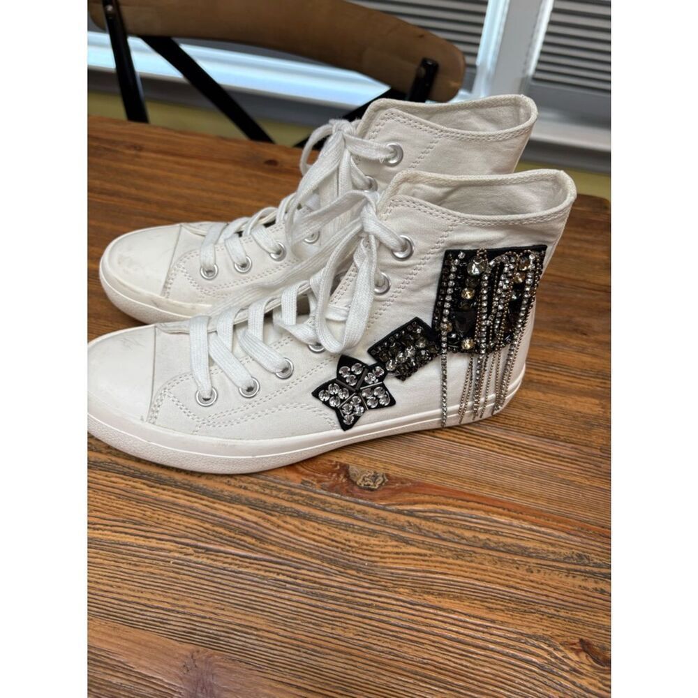 Lauren Lorraine White High-Top Sneakers with Black Beaded Patches and Chains - Picture 10 of 16
